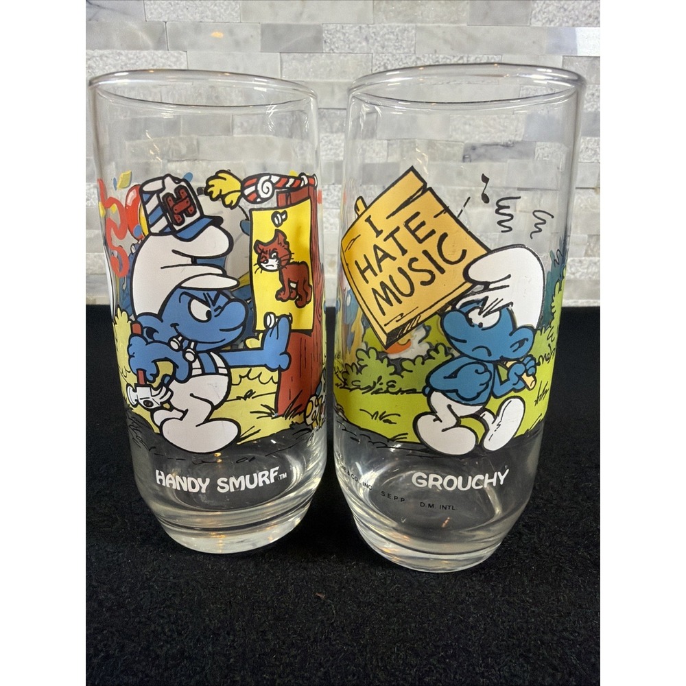 Vintage 1983 Smurfs Glasses Handy Smurf Grouchy Smurf Wallace Berrie Set of 2